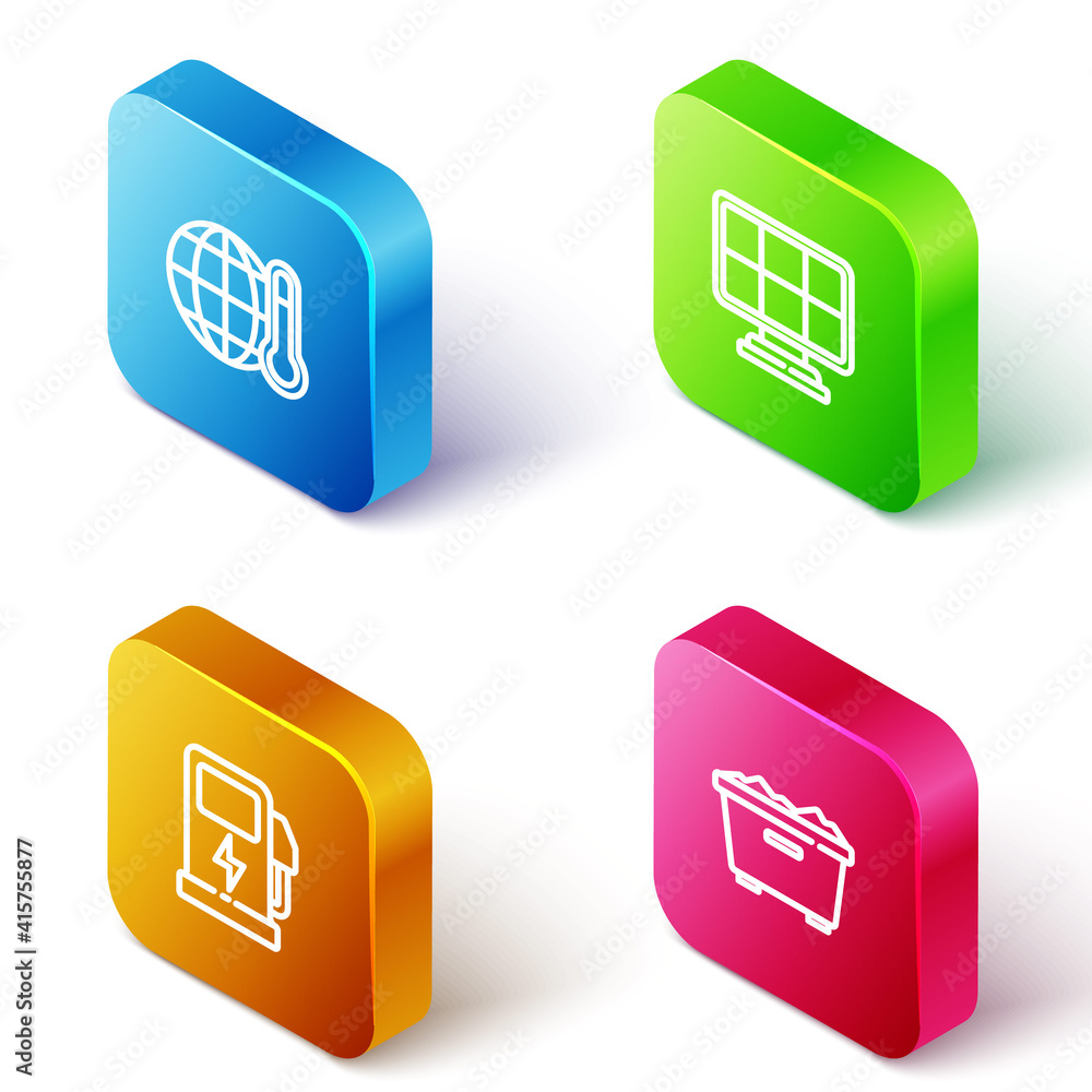 Set Isometric line Global warming, Solar energy panel, Electric car charging station and Trash can icon. Vector. Set Isometric line Global warming, Solar energy panel, Electric car charging station and Trash can icon. Vector.