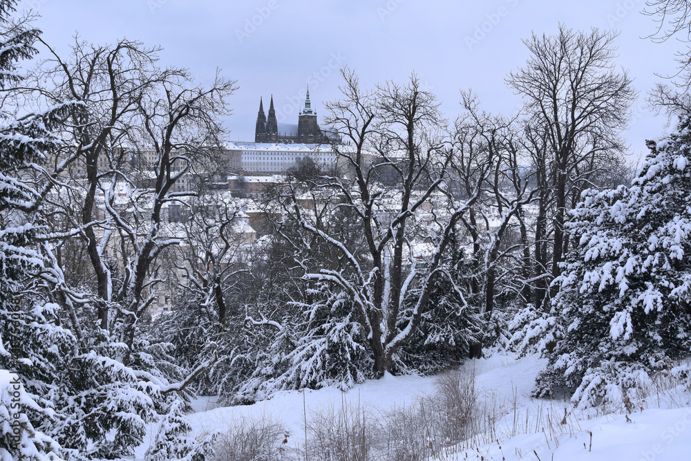 Snowy Prague Castle panorama stock images. Winter in Prague city stock images. Ancient architecture in Prague. View of the Hradcany photo
