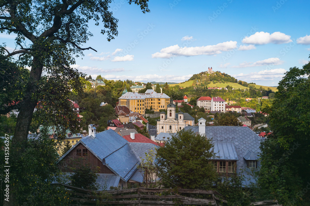 View of Banska Stiavnica Historic Town Centre with Mining Academy Building and the Baroque Calvary of Banska Stiavnica, Slovakia