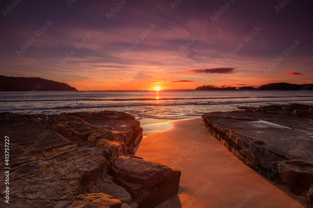 Beautiful, scenic, sunrise, over Pirates Bay. South Eastern Tasmania, Australia.