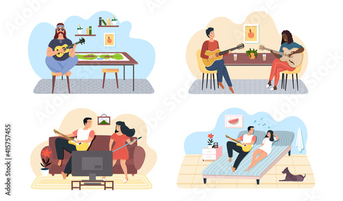 Set of illustrations about couples of musicians performing songs with guitar accompaniment. People play musical instruments and sing in duet. Guitarists with stringed instrument create melodies