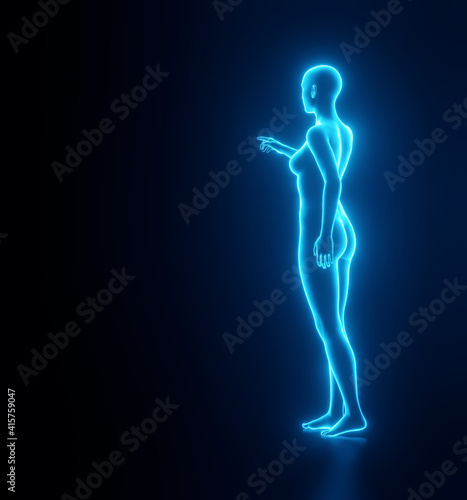 Feminine blue glowing, neon silhouette with a pointing gesture. Render. 3d illustration. Futuristic Template for design.