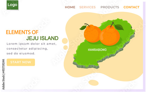 Elements of Jeju island landing page template with mandarine orange Hanrabong. Traveling to asia. Plantation of famous citrus fruit exotic plant of green island in south korea, touristic entertainment