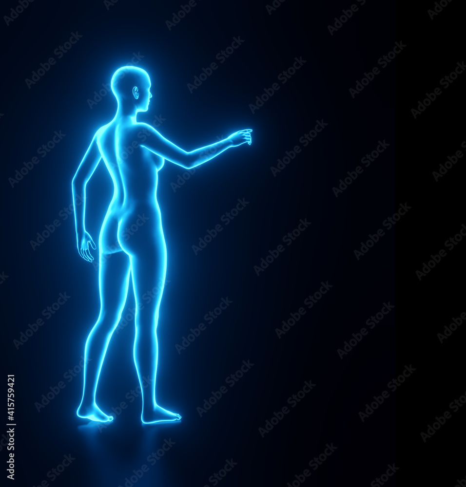 Feminine blue glowing, neon silhouette with a pointing gesture. Render. 3d illustration. Futuristic Template for design. Feminine blue glowing, neon silhouette with a pointing gesture. Render. 3d illustration. Futuristic Template for design.