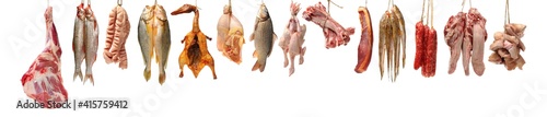 Photography Raw fish,spare ribs and raw hen on white background