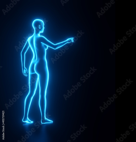 Feminine blue glowing, neon silhouette with a pointing gesture. Render. 3d illustration. Futuristic Template for design. © Alkestida