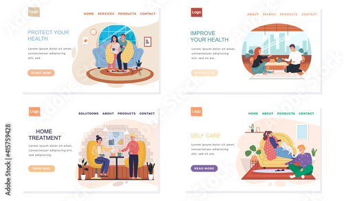 Set of illustrations about home treatment. Landing page template with sick people on self-isolation. Effective self care. Characters suffer from illness. Quarantined couples resting in apartment