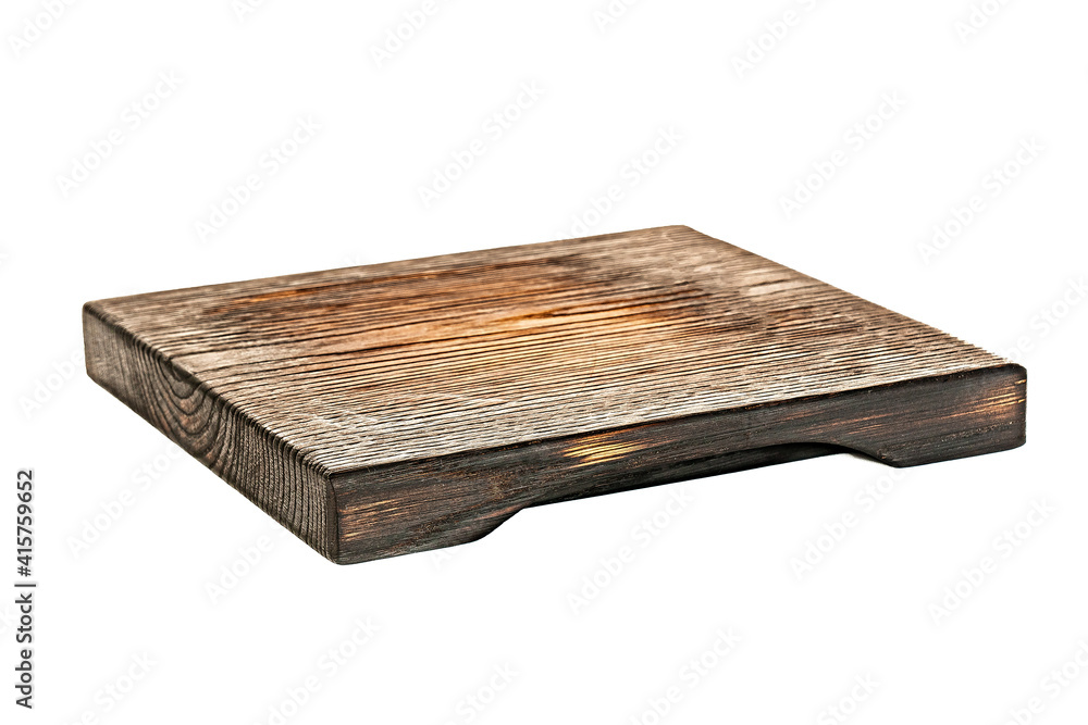 Fototapeta premium Rectangular cutting board tray made of dark wood on a white background. Isolated object.