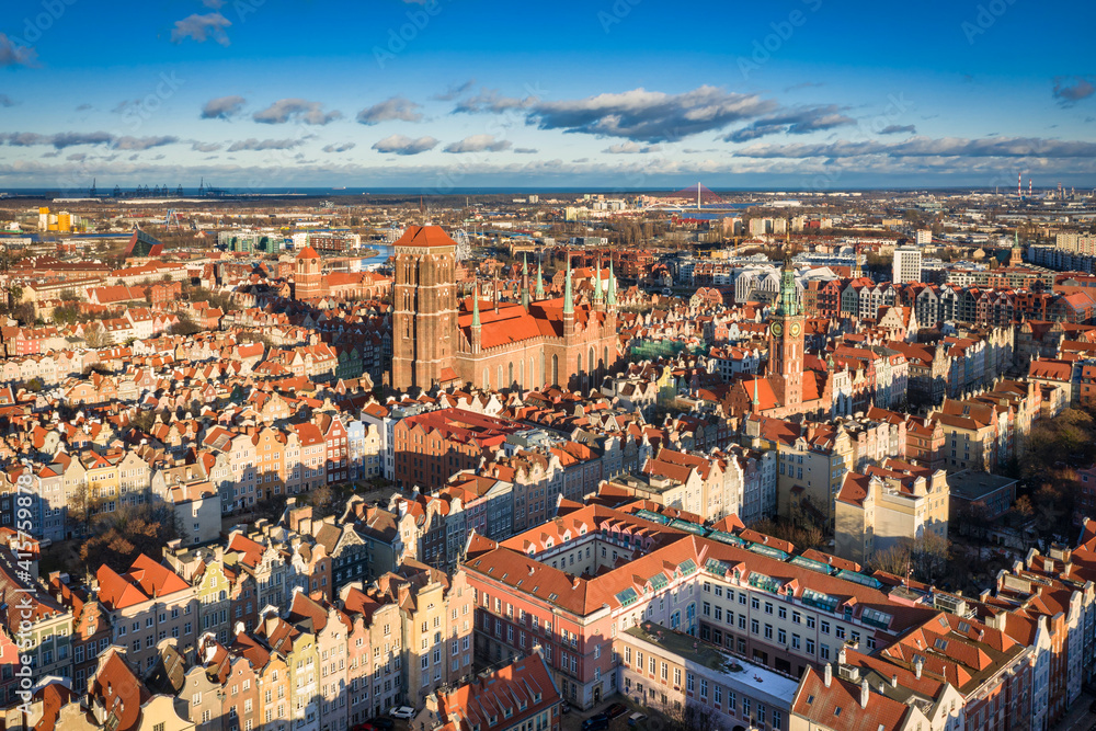 Fototapeta premium Aerial view of the old town of Gdansk with beautiful architecture at sunny day, Poland