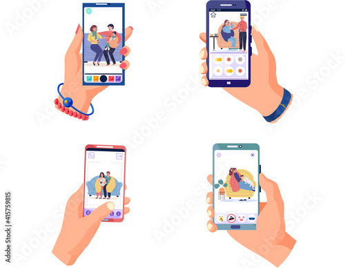 Set of illustrations about photosession of process of treatment and recovery. People help patients. Characters help sick relatives to take medicine and rest in self-isolation. Prevention of colds