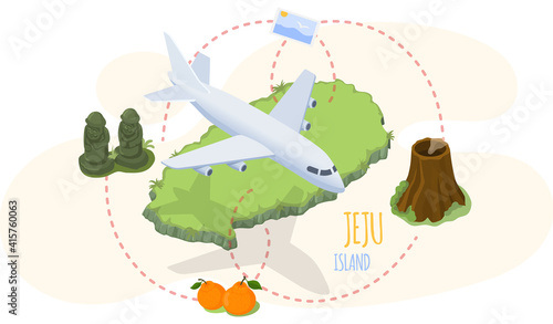 Jeju island sights advertising poster. Travel to South korea by plane. Vacation in Asia. Banner traditional landmarks, symbols, popular attractions for visiting tourists at green tropical island photo