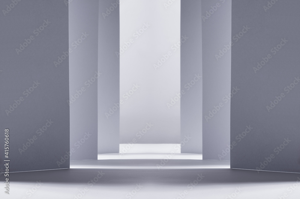 Abstract white grey background with geometric channel of stripes with perspective as scene or street, copy space. - obrazy, fototapety, plakaty 