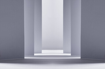 Abstract white grey background with geometric channel of stripes with perspective as scene or street, copy space.