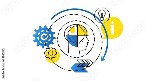 Theory-Practice. Balance. Interaction process. bulb, head, portrait, man. Vector icon.