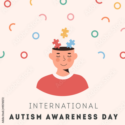 International Autism Awareness Day Card. Smiling person face with colourful puzzle pieces in head. Psychological concept of Autistic children. Social Difficulty. Mental disability or disorder. Vector.