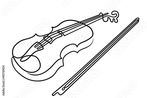 One line drawing. Musical acoustic instrument violin with strings and bow.