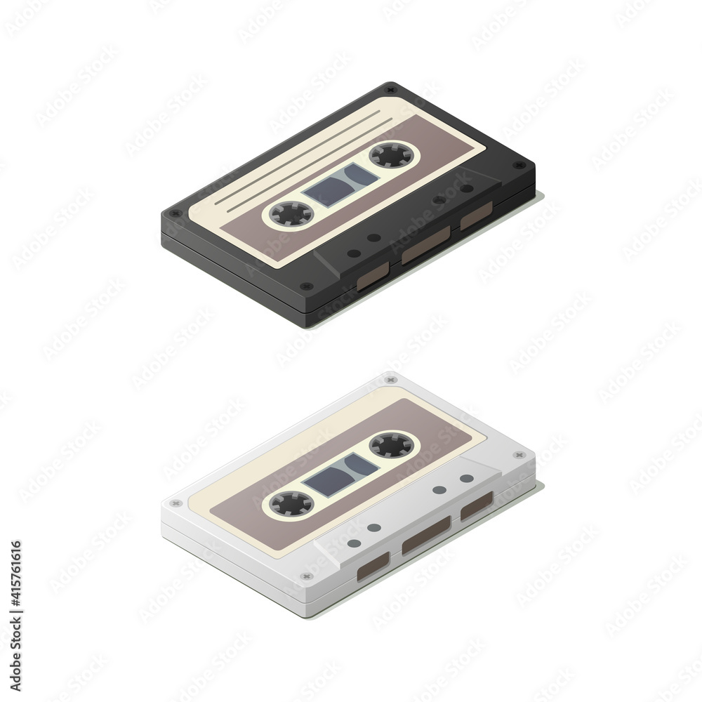 Obraz premium Isometric audio cassette set. Vector illustration. Music listening. Isolated on white background.