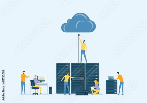 Flat vector business datacenter technology with cloud computing service concept and developer technician team working concept