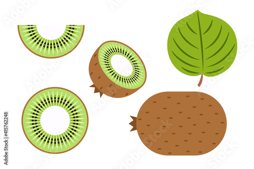 Set kiwi fruit tropical juicy beautiful green whole slice cut half leaf vector illustration.