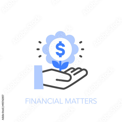 Financial matters symbol with a human hand and a growing dollar coin. Easy to use for your website or presentation.
