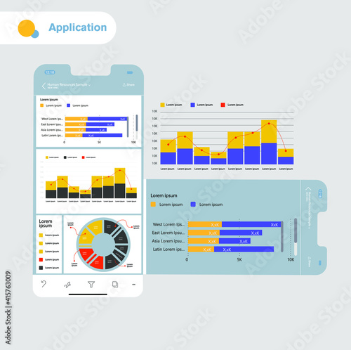 Dashboard mobile. Application report. Power bi. Graphs, charts and diagrams