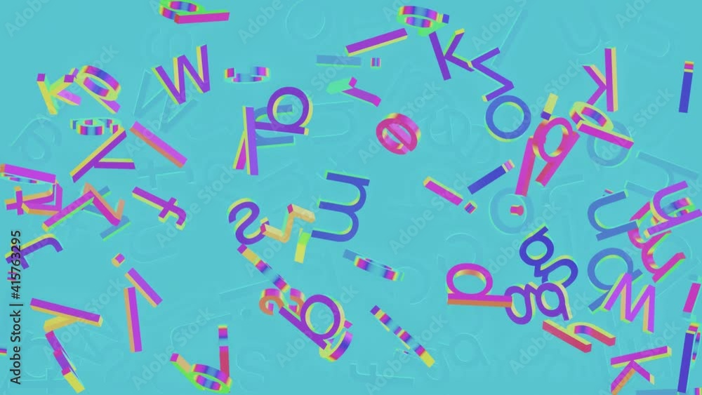 Messed alphabet letters falling and bouncing on solid background. Neon color shapes visuals. Messed alphabet letters falling and bouncing on solid background. Neon color shapes visuals.
