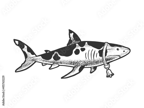 Shark cow abstract animal, sketch engraving vector illustration. T-shirt apparel print design. Scratch board imitation. Black and white hand drawn image.
