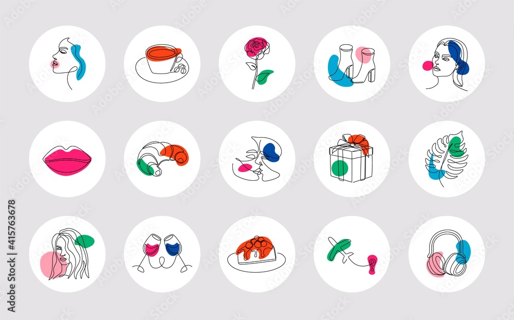 Round icons for social media stories. Abstract highlight covers set with one line faces, food, organic shapes, plants, clothes. Vector art