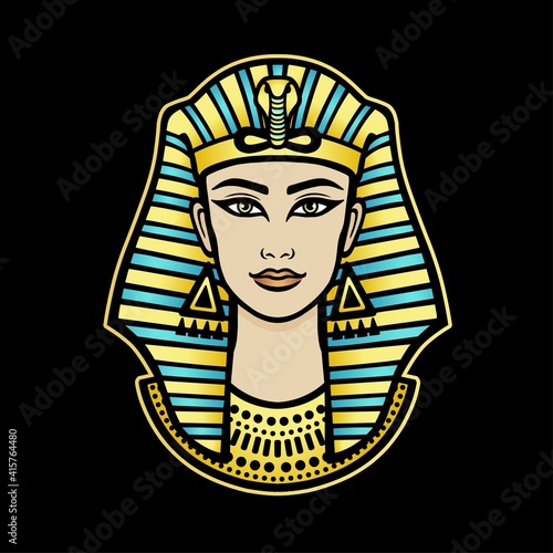 Animation color portrait of beautiful Egyptian woman. Vector illustration isolated on a dark background. Print, poster, t-shirt, tattoo.