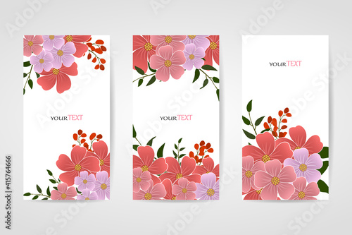 Vector set of abstract floral backgrounds with a copy of the text space - bright banners, posters, cover design templates, wallpapers from stories in social networks with spring leaves and flowers