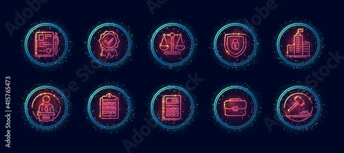 10 in 1 vector icons set related to judgement theme. Lineart vector icons in geometric neon glow style with particles isolated on background.