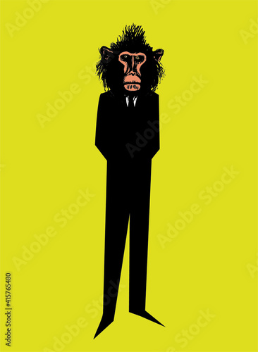 Cartoon illustration of funny man with head of monkey dressed up in black suit
