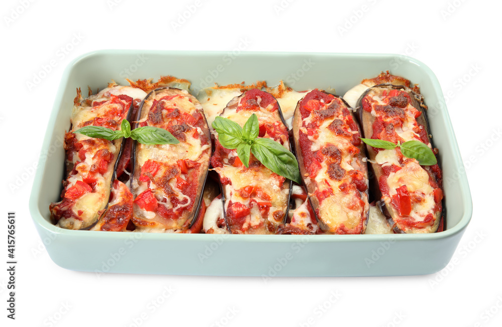 Baked eggplant with tomatoes, cheese and basil in dishware isolated on white Baked eggplant with tomatoes, cheese and basil in dishware isolated on white