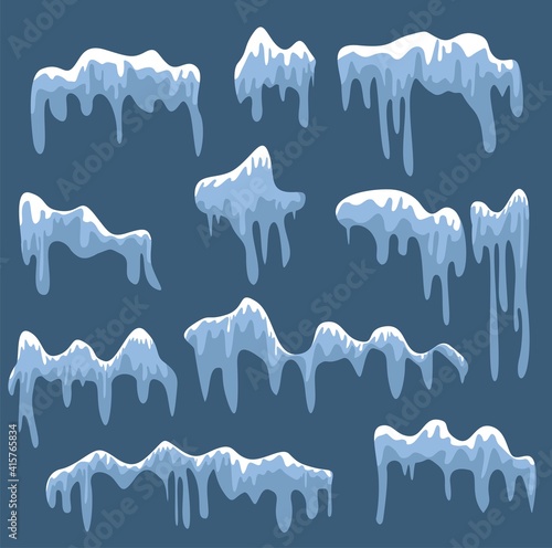Set of Isolated snow cap. Snowy elements on blue background.