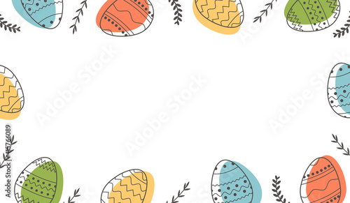Festive border or frame template with trendy outlined geometric pattern on Easter Eggs. Horizontal banner with decorated eggs and leaves on white background. Vector illustration with place for text.