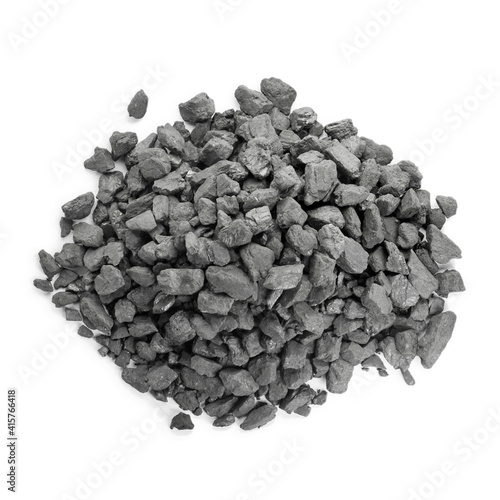 Heap of coal isolated on white, top view. Mineral deposits