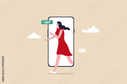 Reduce mobile screen time, digital detox, exit from virtual social media and live your real life concept, happy young woman walking step out of smartphone mobile screen follow green exit sign.
