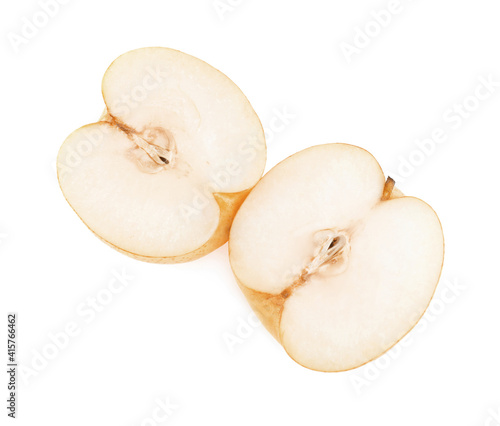 Cut fresh apple pear on white background, top view