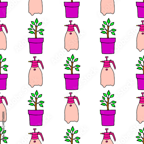 Vector seamless illustration with flowerpots and sprayers on a white background.