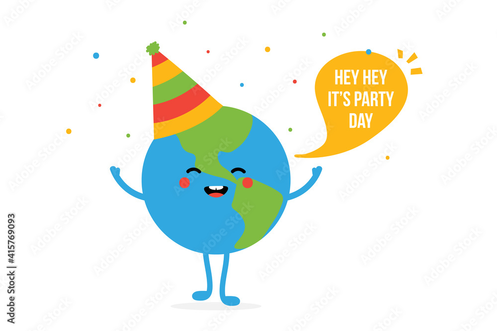 World Party Day vector card, illustration with cartoon style planet Earth character in party hat with colorful confetti.
