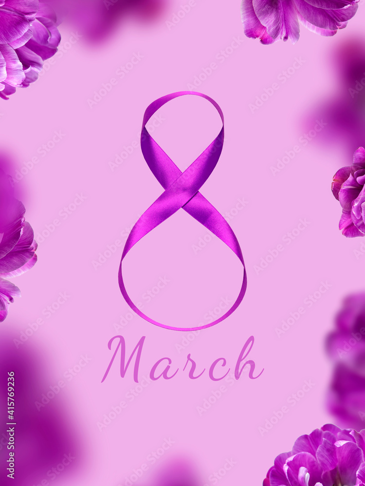 Number 8 from purple ribbon and flying tulips on purple background. International Women's Day. Floral concept of 8 March holiday. Greeting card for women. Spring, holiday, festive background, art Number 8 from purple ribbon and flying tulips on purple background. International Women's Day. Floral concept of 8 March holiday. Greeting card for women. Spring, holiday, festive background, art