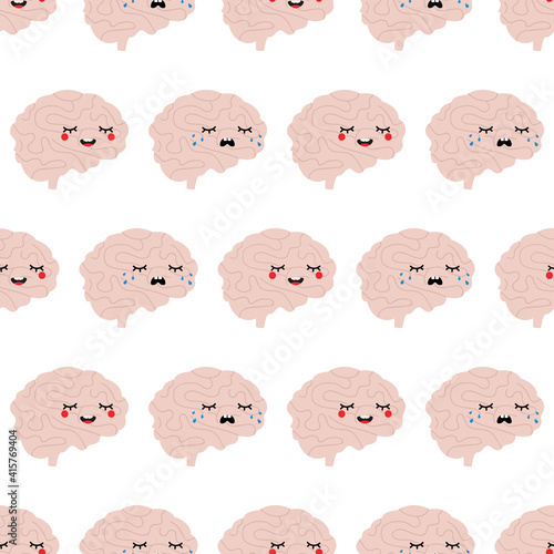 Human brain characters, happy smiling and sad crying vector cartoon style seamless pattern background.