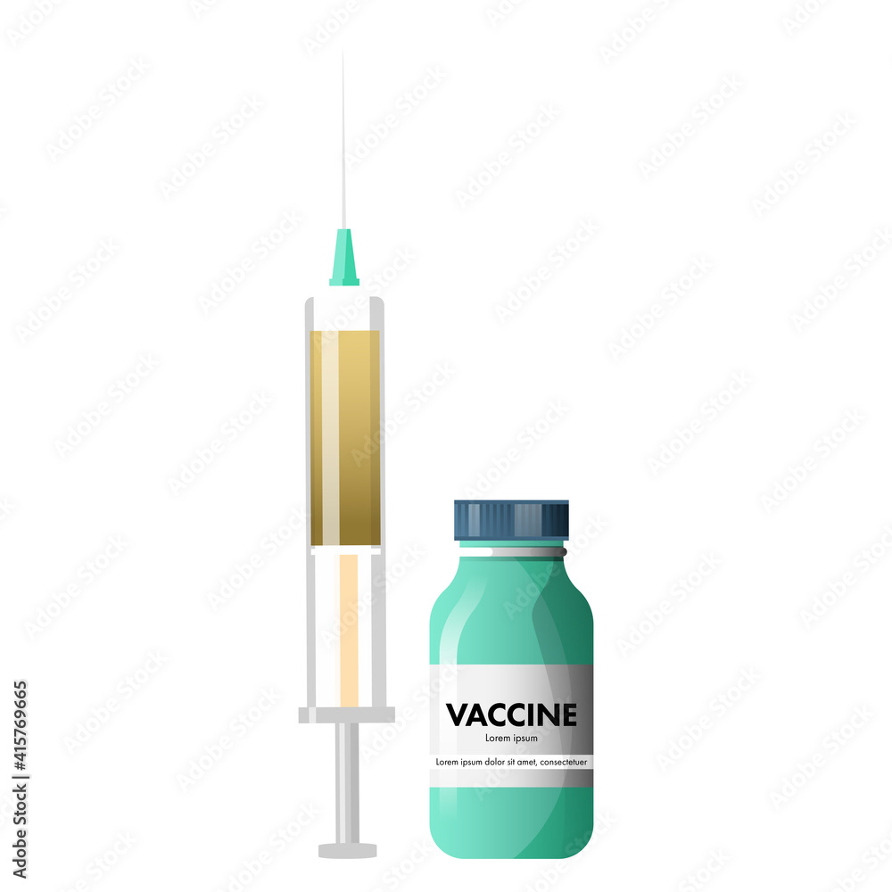 Vaccine Bottle With Syringe Element On White Background. Vaccine Bottle With Syringe Element On White Background.