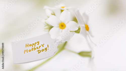 White Label with Happy Mothers Day and delicate white flowers