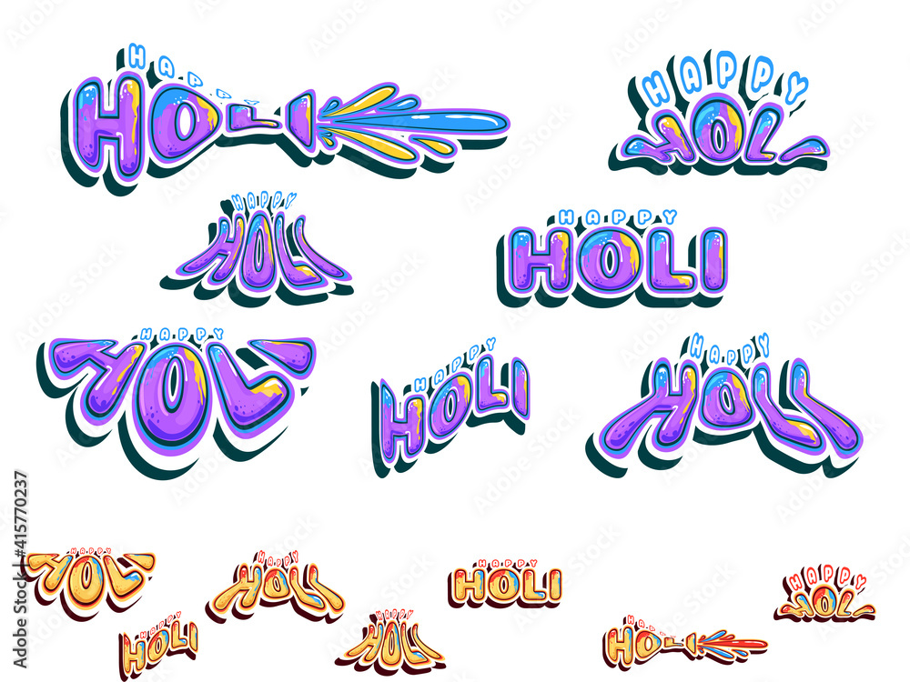 Sticker Style Happy Holi Font In Various Types On White Background.