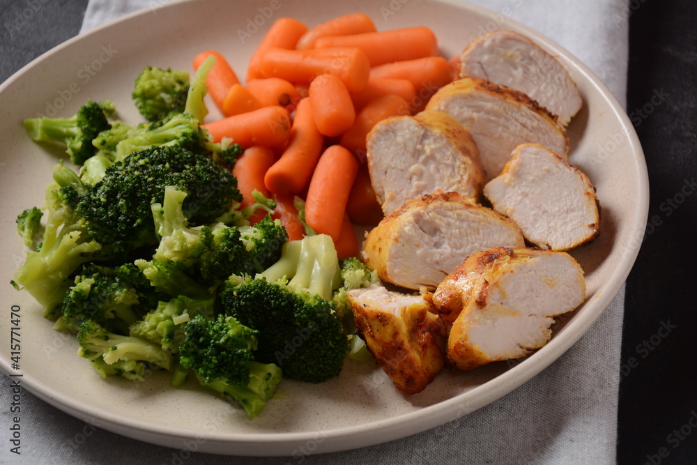Grilled chicken fillet and vegetables broccoli and carrots boiled Grilled chicken fillet and vegetables broccoli and carrots boiled