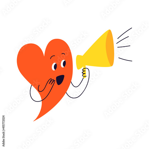 The red heart announces through the yellow loudspeaker. A cute cartoon character in the form of a heart with a face speaks into a bullhorn. Vector doodle illustration isolated on white background.