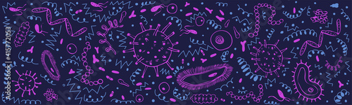 Horizontal banner with pink and blue microorganisms doodle on dark blue background. Vector illustration of a variety of bacilli and bacteria, viruses, and streptococci in a chaotic arrangement.