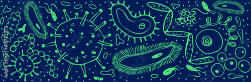A dark blue banner with a variety of green doodle microorganisms. Horizontal blue background with glowing bacteria, germs, and viruses. Vector stock illustration of various microorganisms.