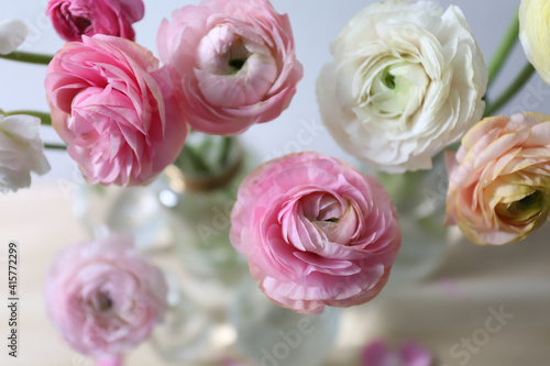 Beautiful fresh ranunculus flowers on table  closeup view